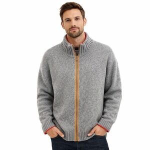 Tommy Hilfiger Lambswool Full Zip Sweater XL Gray Mock Neck Elbow Patch